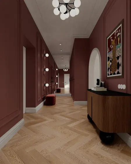 Przedpokój w stylu art deco z różowymi ścianami i drewnianą podłogą, minimalistyczne oświetlenie.