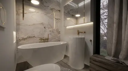 Nowoczesna łazienka z białą wanną i złotymi detalami, styl quiet luxury
