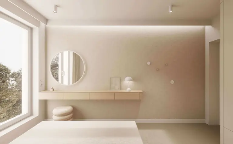 Wnętrze sypialni w stylu japandi i minimalistycznym z jasnymi meblami.
