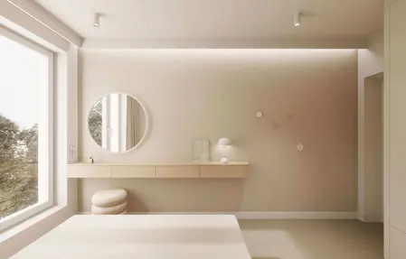 Wnętrze sypialni w stylu japandi i minimalistycznym z jasnymi meblami.