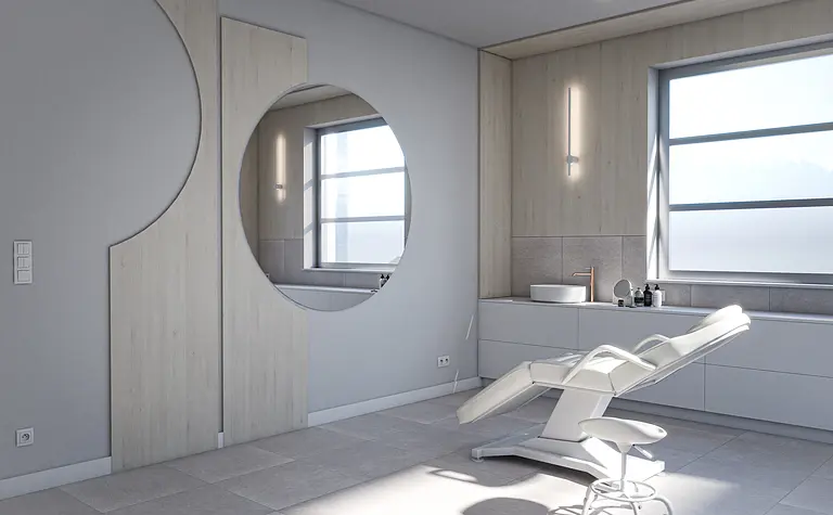 Gabinet z białym fotelem, oknem i minimalistycznym wystrojem.