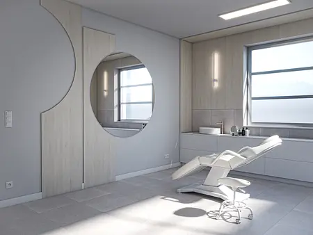 Gabinet z białym fotelem, oknem i minimalistycznym wystrojem.