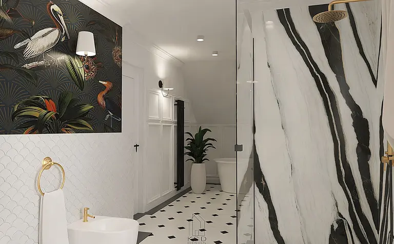 Wnętrze łazienki z marmurowymi płytkami i roślinami w stylu art deco.