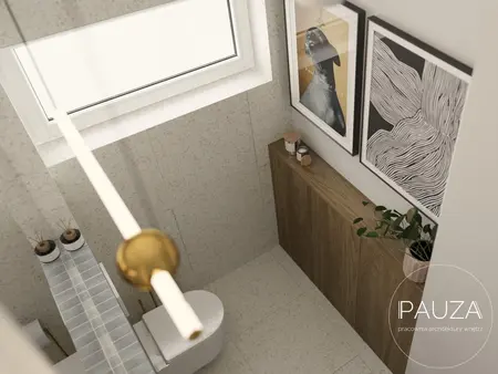 Nowoczesna łazienka z drewnianymi akcentami i grafikami.