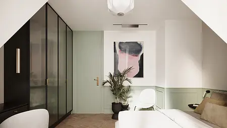 Wnętrze sypialni z eklektycznym i minimalistycznym designem, z rośliną
