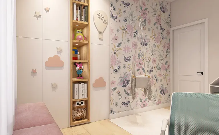 Pokój dziecięcy z kolorowymi meblami i dekoracjami, nowoczesny design.