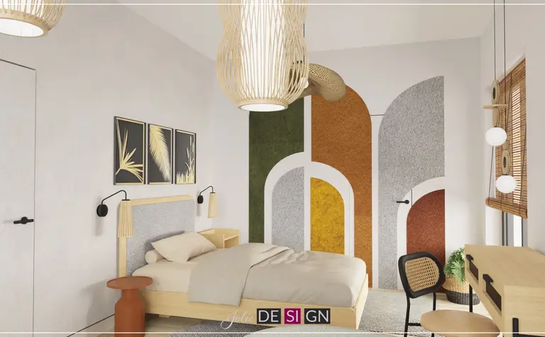 Wnętrze sypialni z boho, dopamine decor i eklektycznymi akcentami.