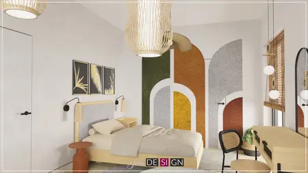Wnętrze sypialni z boho, dopamine decor i eklektycznymi akcentami.