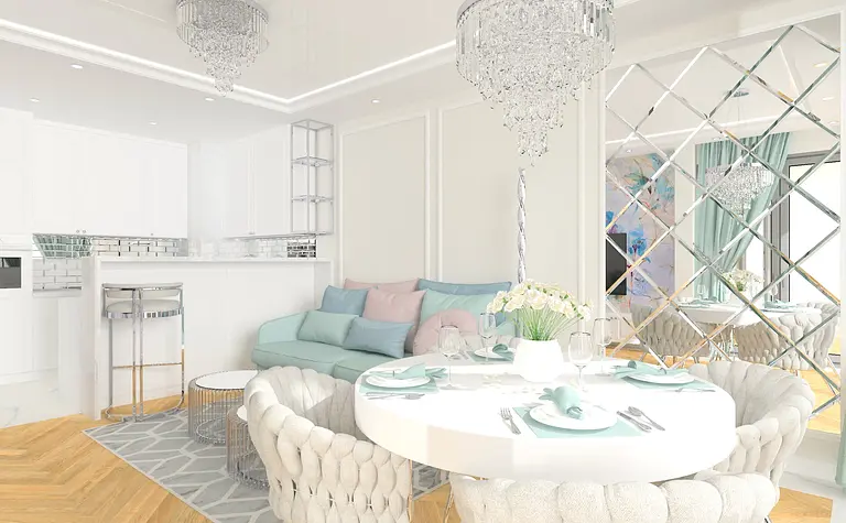 Wnętrze salonu w stylu glamour z jasnymi meblami i drewnianą podłogą.