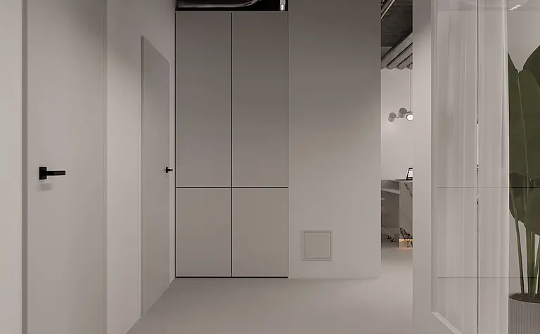 Przedpokój w stylu minimalistycznym, współczesny, z szarymi meblami i dużymi drzwiami.