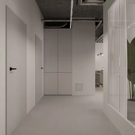 Przedpokój w stylu minimalistycznym, współczesny, z szarymi meblami i dużymi drzwiami.