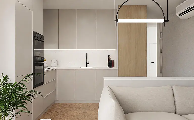 Nowoczesna kuchnia w stylu japandi, minimalistyczna z drewnem i szarością.