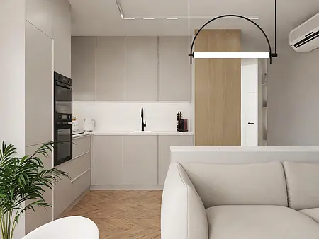 Nowoczesna kuchnia w stylu japandi, minimalistyczna z drewnem i szarością.