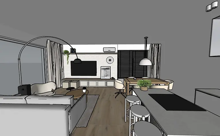 Wnętrze salonu w stylu japandi i minimalistycznym z białymi meblami.