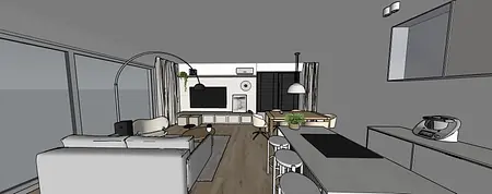 Wnętrze salonu w stylu japandi i minimalistycznym z białymi meblami.