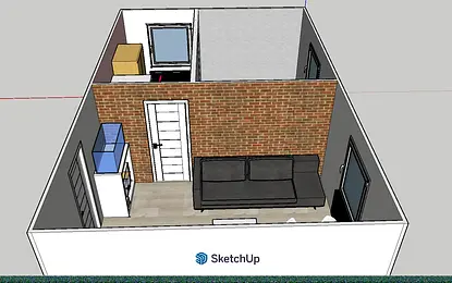 Wnętrze salonu z brązową kanapą, białymi meblami i ceglaną ścianą w stylu współczesnym.