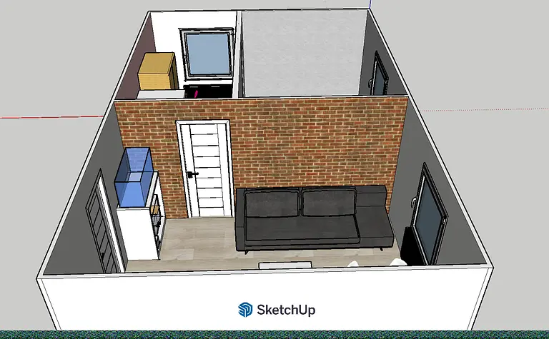 Wnętrze salonu z brązową kanapą, białymi meblami i ceglaną ścianą w stylu współczesnym.