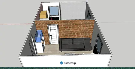 Wnętrze salonu z brązową kanapą, białymi meblami i ceglaną ścianą w stylu współczesnym.