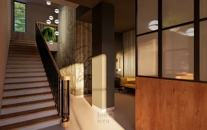 Eklektyczne wnętrze z drewnianymi schodami i minimalistycznym oświetleniem