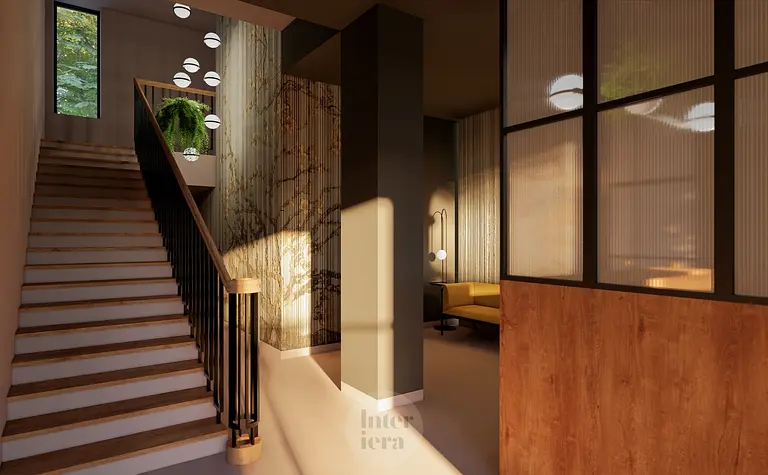 Eklektyczne wnętrze z drewnianymi schodami i minimalistycznym oświetleniem