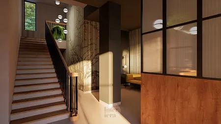 Eklektyczne wnętrze z drewnianymi schodami i minimalistycznym oświetleniem