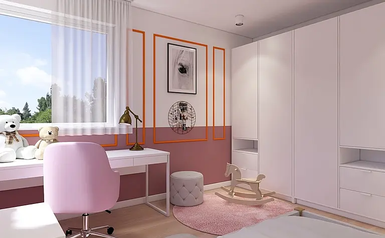 Pokój dziecięcy w stylu skandynawskim, minimalistyczny projekt z różowym fotelem i białymi meblami.