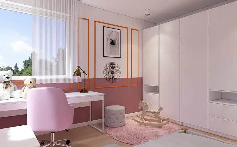 Pokój dziecięcy w stylu skandynawskim, minimalistyczny projekt z różowym fotelem i białymi meblami.