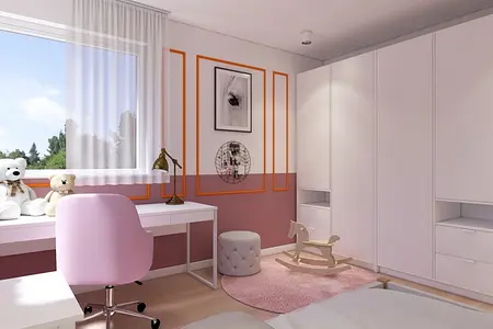 Pokój dziecięcy w stylu skandynawskim, minimalistyczny projekt z różowym fotelem i białymi meblami.