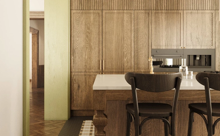 Wnętrze kuchni w stylu dopamine decor, eklektycznym i vintage z drewnianymi elementami.