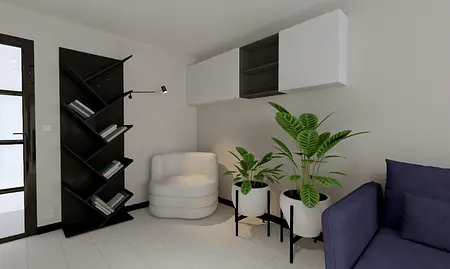 Wnętrze z nowoczesnym fotelem, regałem i roślinami.