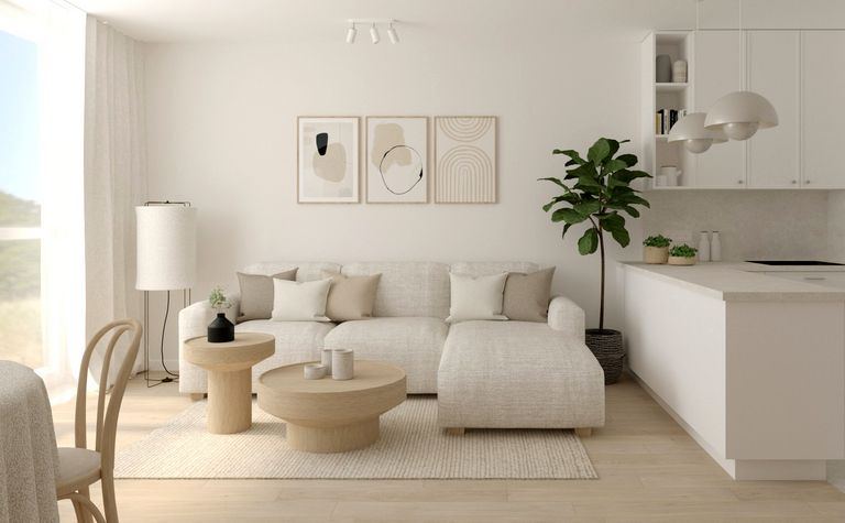Wnętrze salonu z jasną sofą, drewnianymi stolikami i rośliną w stylu soft minimalizm.