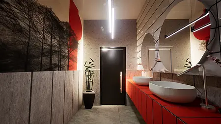 Nowoczesna łazienka z minimalistycznym designem, białymi umywalkami i czerwonymi elementami.