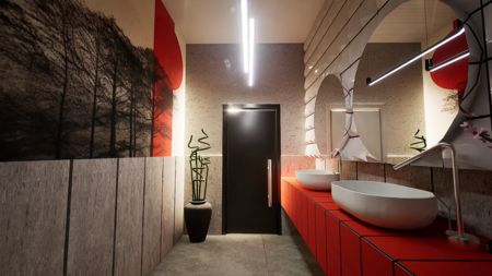 Nowoczesna łazienka z minimalistycznym designem, białymi umywalkami i czerwonymi elementami.