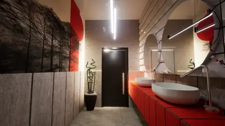 Nowoczesna łazienka z minimalistycznym designem, białymi umywalkami i czerwonymi elementami.