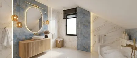 Łazienka w stylu glamour, nowoczesny i współczesny design z niebieskimi płytkami, drewnianą szafką i wanną
