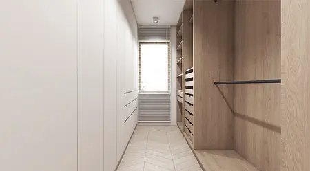 Garderoba w stylu nowoczesnym z białymi meblami i drewnianymi detalami.