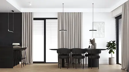 Wnętrze jadalni z czarnym stołem, beżowymi zasłonami, minimalistycznym designem i roślinami.