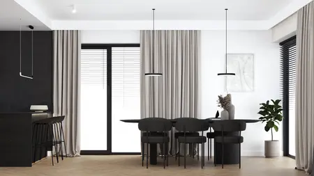 Wnętrze jadalni z czarnym stołem, beżowymi zasłonami, minimalistycznym designem i roślinami.