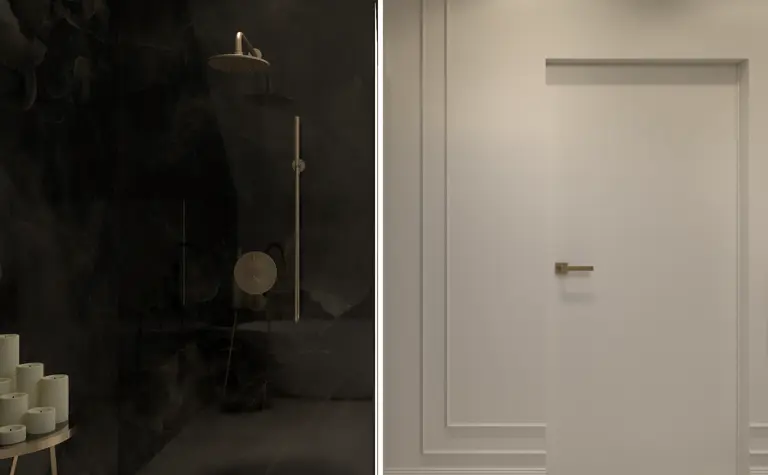Nowoczesna łazienka z czarnymi i białymi elementami, styl glamour.