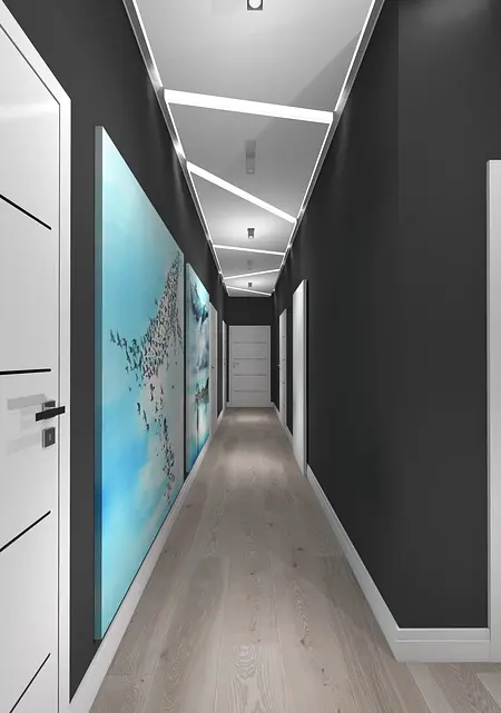 Korytarz z niebieskimi obrazami, białymi drzwiami, w stylu dopamine decor, industrialnym i skandynawskim.