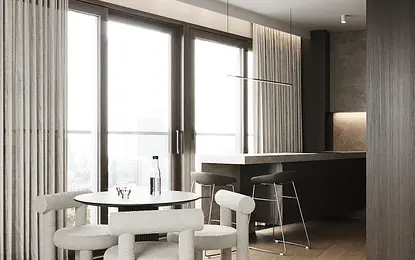 Wnętrze jadalni w stylu japandi i minimalistycznym z nowoczesnymi meblami.