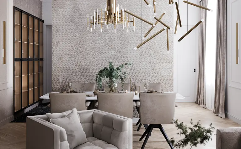 Eklektyczna jadalnia z glamour akcentami, nowoczesnym oświetleniem i tradycyjnymi meblami.