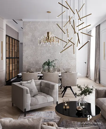 Eklektyczna jadalnia z glamour akcentami, nowoczesnym oświetleniem i tradycyjnymi meblami.