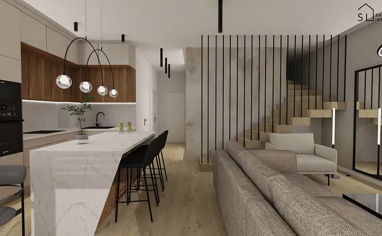 Wnętrze kuchni z minimalistycznym designem, drewniane meble i biały blat.