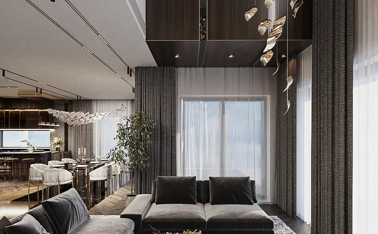 Nowoczesny salon z dużą sofą, drewnianym stolikiem i roślinnością.