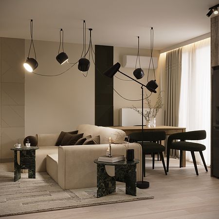 Salon w stylu eklektycznym z beżową sofą, zielonymi stolikami i nowoczesnym oświetleniem.
