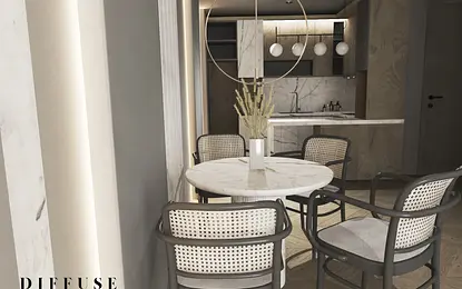 Wnętrze kuchni w stylu eklektycznym z minimalistycznym blatem i nowoczesnym oświetleniem.