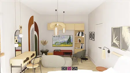 Wnętrze salonu z boho, dopamine decor i eklektycznymi elementami.