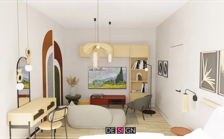 Wnętrze salonu z boho, dopamine decor i eklektycznymi elementami.