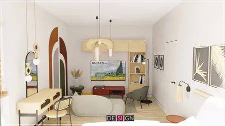 Wnętrze salonu z boho, dopamine decor i eklektycznymi elementami.